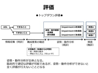 評価
●トップダウン評価●
構成要素の確認
ADL できること
できないこと
姿勢・動作観察
・全課題
・部分課題
Impairment Aを仮説
Impairment Bを仮説
Impairment Cを仮説
検査A
検査B
検査C
情報収集（問診） 姿勢・動作分析
（視診）
検査
（触診）
姿勢・動作分析が主体となる。
臨床的で適切な評価が可能であるが、姿勢・動作分析ができないと
全く評価が行えないこととなる
正常動作（知識からの考察）
・筋・関節の動き
・神経メカニズム（FB or FF）
 