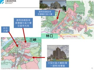 Copyright 2019 © ITRI 工業技術研究院
10
建商造鎮區域
低樓層社區大樓
林口
三峽
建商造鎮區域
高樓層社區大樓
空屋率尚高
台北
大學
大型社區大樓群/單
一建案/高樓層
 