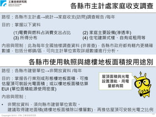 Copyright 2019 © ITRI 工業技術研究院
各縣市主計處家庭收支調查
路徑：各縣市主計處→統計→家庭收支(訪問)調查報告 /每年
目的：掌握以下資料
(1)電費與燃料占消費支出占比 (2) 家庭主要設備(滲透率)
(3) 所得分布 (4) 住宅建築式樣、自有或租用等
內容與限制：此為每年全國抽樣調查資料 (非普查)，各縣市政府都有轄內更精確
數據，包括分鄉鎮/區，可向主計單位索取詳細數據進行分析。
15
各縣市使用執照與總樓地板面積按用途別
路徑：各縣市建管單位→非開放資料 /每年
目的：掌握各行業別或形態樓地板面積，可推
估屋頂可裝設光電面積；或以樓地板面積估算
EUI (單位面積能源使用密度)
內容與限制：
• 非開放資料，須向縣市建管單位索取。
建議取得建地面積(總樓地板面積除以樓層數)，再推估屋頂可安裝光電之比例
屋頂面積與光電
設置潛能、用電
量都有關
 