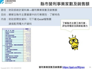 Copyright 2019 © ITRI 工業技術研究院
24
縣市營利事業家數及銷售額
路徑：財政部統計資料庫→營利事業家數及銷售額
目的：瞭解全縣市主要營運中的行業類別，了解特色
內容：財政部開放資料，可下載 Excel檔製圖
請搭配用電大戶資料
營利事業家數及銷售額 https://ppt.cc/fKjnex
了解縣市主要工商行業，
評估用電狀況與節能潛力
 