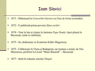 Ioan Slavici
 1871 - Debutează la Convorbiri literare cu Fata de birău (comedie).
 1872 - E publicată prima poveste Zâna zorilor .
 1874 - Vine la Iaşi şi citeşte la Junimea Popa Tanda. Apoi pleacă la
Bucureşti, unde se stabileşte.
 1875 - Se căsătoreşte cu Ecaterina Szöke Magyarosy.
 1875 - Călătoreşte la Viena şi Budapesta, iar toamna e numit, de Titu
Maiorescu, profesor la Liceul “Matei Basarab” – Bucureşti.
 1877 - Intră în redacţia ziarului Timpul.
 