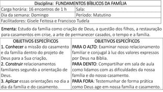 Disciplina: FUNDAMENTOS BÍBLICOS DA FAMÍLIA
Carga horária: 16 encontros de 1 h Sala:
Dia da semana: Domingo Período: Matut...