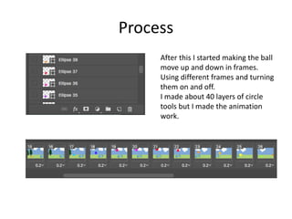 Process
After this I started making the ball
move up and down in frames.
Using different frames and turning
them on and off.
I made about 40 layers of circle
tools but I made the animation
work.
 