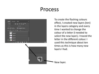 Process
To create the flashing colours
effect, I created new layers (ten)
in the layers category and every
time I wanted to change the
colour of a letter (I needed to
select the new layer), I traced the
letter in the different colour. I
used this technique about ten
times as this is how many new
layers I had.
New layer.
 