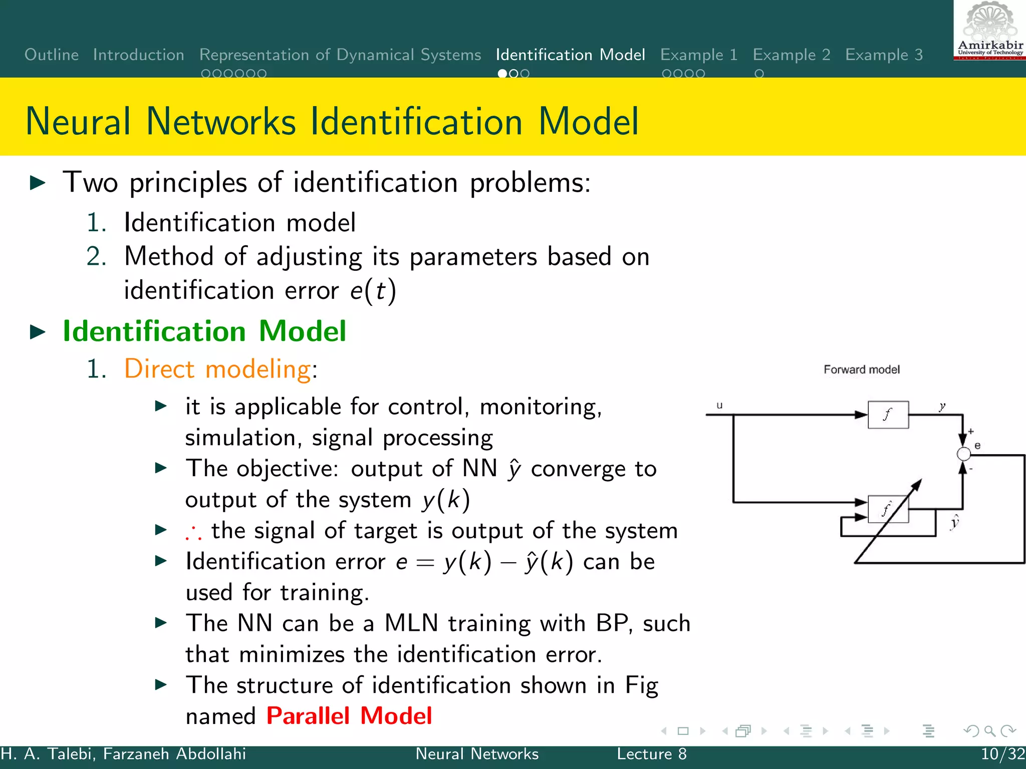 Outline Introduction Representation of Dynamical Systems Identiﬁcation Model Example 1 Example 2 Example 3
Neural Networks Identiﬁcation Model
Two principles of identiﬁcation problems:
1. Identiﬁcation model
2. Method of adjusting its parameters based on
identiﬁcation error e(t)
Identiﬁcation Model
1. Direct modeling:
it is applicable for control, monitoring,
simulation, signal processing
The objective: output of NN ˆy converge to
output of the system y(k)
∴ the signal of target is output of the system
Identiﬁcation error e = y(k) − ˆy(k) can be
used for training.
The NN can be a MLN training with BP, such
that minimizes the identiﬁcation error.
The structure of identiﬁcation shown in Fig
named Parallel Model
H. A. Talebi, Farzaneh Abdollahi Neural Networks Lecture 8 10/32
 