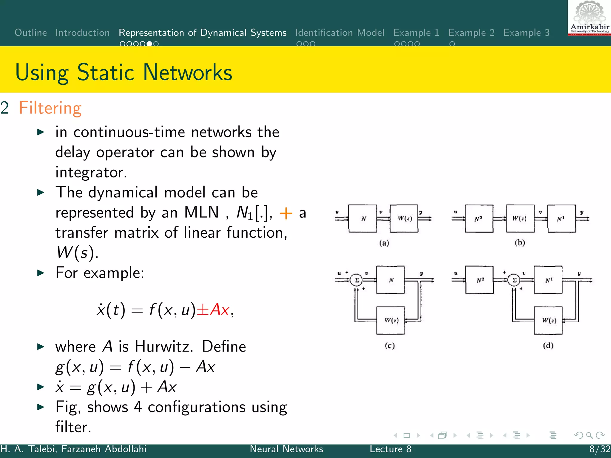 Outline Introduction Representation of Dynamical Systems Identiﬁcation Model Example 1 Example 2 Example 3
Using Static Networks
2 Filtering
in continuous-time networks the
delay operator can be shown by
integrator.
The dynamical model can be
represented by an MLN , N1[.], + a
transfer matrix of linear function,
W (s).
For example:
˙x(t) = f (x, u)±Ax,
where A is Hurwitz. Deﬁne
g(x, u) = f (x, u) − Ax
˙x = g(x, u) + Ax
Fig, shows 4 conﬁgurations using
ﬁlter.
H. A. Talebi, Farzaneh Abdollahi Neural Networks Lecture 8 8/32
 