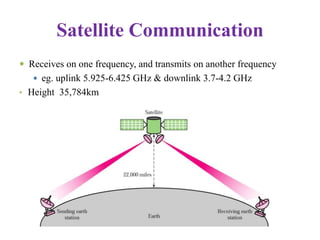 Satellite Communication
 Receives on one frequency, and transmits on another frequency
 eg. uplink 5.925-6.425 GHz & downlink 3.7-4.2 GHz
• Height 35,784km
 