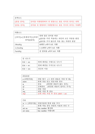 검색모드
/[찾을 단어] 단어를 아랫방향에서 위 방향으로 찾음 커서의 위치는 위쪽
?[찾을 단어] 단어를 위 방향에서 아랫방향으로 찾음 커서의 위치는 아래쪽
치환모드
:[라인]s/[원래단어]/[바꿀
단어]/[옵션]
원래 있던 단어를 바꿈
g옵션을 주면 적용되는 라인의 모든 부분을 변경
g옵션을 주지 않으면 처음 찾는 부분만 변경
:10s/a/b/g 10행만 a에서 b로 치환
:1,12s/a/b/g 1~12행만 a에서 b로 치환
:%s/a/b/g 전 범위를 a에서 b로 치환
창 나누기
Ctrl + wn 현재 화면을 수평으로 나누기
Ctrl + wv 현재 화면을 수직으로 나누기
Ctrl + ww 창간의 이동
파일관련
:e [파일이름] 파일 열기 (그 전의 내용은 저장 안 됨)
:enew 현재 창을 닫고 빈문서를 연다
:q 종료 (변경된 내용이 없는 경우)
:q! 강제종료 (변경된 내용이 있어도 무시)
:w 파일 저장
:wq 파일 저장 후 종료
:wq! 강제 파일 저장 후 종료 (shift + zz)
기타
:w >> [파일이름] 파일이름에 현재 내용 추가
:f 현재 작업 중인 파일의 이름과 라인 수
:set nu line number 활성화
:set nonu line number 비활성화
 