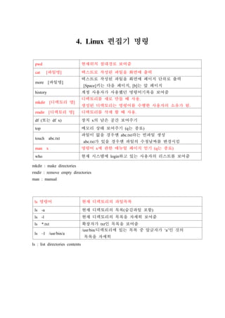 4. Linux 편집기 명령
pwd 현재위치 절대경로 보여줌
cat [파일명] 텍스트로 작성된 파일을 화면에 출력
more [파일명]
텍스트로 작성된 파일을 화면에 페이지 단위로 출력
[Space]키는 다음 페이지, [b]는 앞 페이지
history 계정 사용자가 사용했던 명령어기록을 보여줌
mkdir [디렉토리 명]
디렉토리를 새로 만들 때 사용.
생성된 디렉토리는 명령어를 수행한 사용자의 소유가 됨.
rmdir [디렉토리 명] 디렉토리를 삭제 할 때 사용.
df (또는 df x) 장치 x의 남은 공간 보여주기
top 메모리 상태 보여주기 (q는 종료)
touch abc.txt
파일이 없을 경우엔 abc.txt라는 빈파일 생성
abc.txt가 있을 경우엔 파일의 수정날짜를 변경시킴
man x 명령어 x에 관한 매뉴얼 페이지 얻기 (q는 종료)
who 현재 시스템에 login하고 있는 사용자의 리스트를 보여줌
mkdir : make directories
rmdir : remove empty directories
man : manual
ls 명령어 현재 디렉토리의 파일목록
ls -a 현재 디렉토리의 목록(숨김파일 포함)
ls -l 현재 디렉토리의 목록을 자세히 보여줌
ls *.txt 확장자가 txt인 목록을 보여줌
ls –l /usr/bin/a
/usr/bin/디렉토리에 있는 목록 중 앞글자가 ‘a’인 것의
목록을 자세히
ls : list directories contents
 
