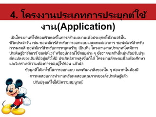 4. โครงงานประเภทการประยุกต์ใช้
งาน(Application)
เป็นโครงงานที่ใช้คอมพิวเตอร ์ในการสร้างผลงานเพื่อประยุกต์ใช้งานจริงใน
ชีวิตประจาวัน เช่น ซอฟต์แวร ์สาหรับการออกแบบและตกแต่งอาคาร ซอฟต์แวร ์สาหรับ
การผสมสี ซอฟต์แวร ์สาหรับการระบุคนร้าย เป็นต้น โครงงานงานประเภทนี้จะมีการ
ประดิษฐ ์ฮาร ์ดแวร ์ซอฟต์แวร ์หรืออุปกรณ์ใช้สอยต่าง ๆ ซึ่งอาจจะสร้างใหม่หรือปรับปรุง
ดัดแปลงของเดิมที่มีอยู่แล้วให้มี ประสิทธิภาพสูงขึ้นก็ได้ โครงงานลักษณะนี้จะต้องศึกษา
และวิเคราะห์ความต้องการของผู้ใช้ก่อน แล้วนา
ข้อมูลที่ได้มาใช้ในการออกแบบ และพัฒนาสิ่งของนั้น ๆ ต่อจากนั้นต้องมี
การทดสอบการทางานหรือทดสอบคุณภาพของสิ่งประดิษฐ ์แล้ว
ปรับปรุงแก้ไขให้มีความสมบูรณ์
 