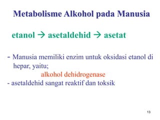 13
Metabolisme Alkohol pada Manusia
etanol  asetaldehid  asetat
- Manusia memiliki enzim untuk oksidasi etanol di
hepar, yaitu;
alkohol dehidrogenase
- asetaldehid sangat reaktif dan toksik
 