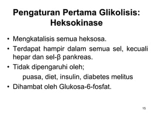 15
Pengaturan Pertama Glikolisis:
Heksokinase
• Mengkatalisis semua heksosa.
• Terdapat hampir dalam semua sel, kecuali
hepar dan sel-β pankreas.
• Tidak dipengaruhi oleh;
puasa, diet, insulin, diabetes melitus
• Dihambat oleh Glukosa-6-fosfat.
 