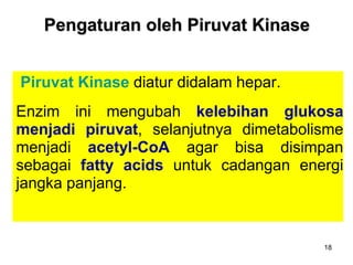 18
Piruvat Kinase diatur didalam hepar.
Enzim ini mengubah kelebihan glukosa
menjadi piruvat, selanjutnya dimetabolisme
menjadi acetyl-CoA agar bisa disimpan
sebagai fatty acids untuk cadangan energi
jangka panjang.
Pengaturan oleh Piruvat Kinase
 
