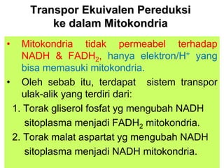 21
Transpor Ekuivalen Pereduksi
ke dalam Mitokondria
• Mitokondria tidak permeabel terhadap
NADH & FADH2, hanya elektron/H+ yang
bisa memasuki mitokondria.
• Oleh sebab itu, terdapat sistem transpor
ulak-alik yang terdiri dari:
1. Torak gliserol fosfat yg mengubah NADH
sitoplasma menjadi FADH2 mitokondria.
2. Torak malat aspartat yg mengubah NADH
sitoplasma menjadi NADH mitokondria.
 