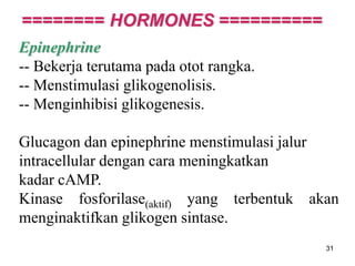 31
Epinephrine
-- Bekerja terutama pada otot rangka.
-- Menstimulasi glikogenolisis.
-- Menginhibisi glikogenesis.
Glucagon dan epinephrine menstimulasi jalur
intracellular dengan cara meningkatkan
kadar cAMP.
Kinase fosforilase(aktif) yang terbentuk akan
menginaktifkan glikogen sintase.
======== HORMONES ==========
 