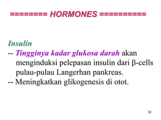 32
Insulin
-- Tingginya kadar glukosa darah akan
menginduksi pelepasan insulin dari β-cells
pulau-pulau Langerhan pankreas.
-- Meningkatkan glikogenesis di otot.
======== HORMONES ==========
 