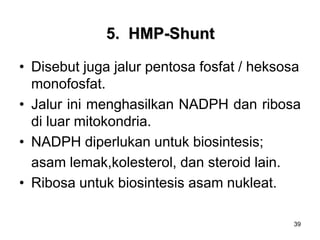 39
5. HMP-Shunt
• Disebut juga jalur pentosa fosfat / heksosa
monofosfat.
• Jalur ini menghasilkan NADPH dan ribosa
di luar mitokondria.
• NADPH diperlukan untuk biosintesis;
asam lemak,kolesterol, dan steroid lain.
• Ribosa untuk biosintesis asam nukleat.
 