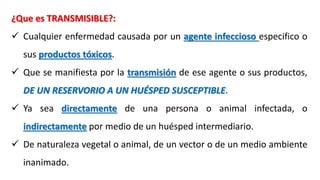 ¿Que es TRANSMISIBLE?:
 Cualquier enfermedad causada por un agente infeccioso especifico o
sus productos tóxicos.
 Que se manifiesta por la transmisión de ese agente o sus productos,
DE UN RESERVORIO A UN HUÉSPED SUSCEPTIBLE.
 Ya sea directamente de una persona o animal infectada, o
indirectamente por medio de un huésped intermediario.
 De naturaleza vegetal o animal, de un vector o de un medio ambiente
inanimado.
 