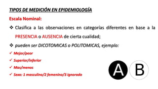 TIPOS DE MEDICIÓN EN EPIDEMIOLOGÍA
Escala Nominal:
 Clasifica a las observaciones en categorías diferentes en base a la
PRESENCIA o AUSENCIA de cierta cualidad;
 pueden ser DICOTOMICAS o POLITOMICAS, ejemplo:
 Mejor/peor
 Superior/inferior
 Mas/menos
 Sexo: 1 masculino/2 femenino/3 ignorado
 