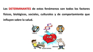 Los DETERMINANTES de estos fenómenos son todos los factores
físicos, biológicos, sociales, culturales y de comportamiento que
influyen sobre la salud.
 