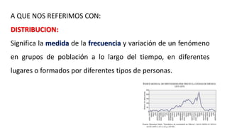 A QUE NOS REFERIMOS CON:
DISTRIBUCION:
Significa la medida de la frecuencia y variación de un fenómeno
en grupos de población a lo largo del tiempo, en diferentes
lugares o formados por diferentes tipos de personas.
 