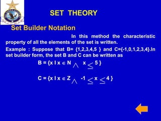 CS40, Wim van Dam, UCSB
Set Builder Notation
SET THEORY
In this method the characteristic
property of all the elements of the set is written.
Example : Suppose that B= {1,2,3,4,5 } and C={-1,0,1,2,3,4}.In
set builder form, the set B and C can be written as
B = {x I x  N x 5 }
C = {x I x  Z -1 x 4 }
 