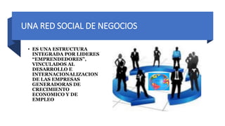 UNA RED SOCIAL DE NEGOCIOS
• ES UNA ESTRUCTURA
INTEGRADA POR LIDERES
“EMPRENDEDORES”,
VINCULADOS AL
DESARROLLO E
INTERNACIONALIZACION
DE LAS EMPRESAS
GENERADORAS DE
CRECIMIENTO
ECONOMICO Y DE
EMPLEO
 