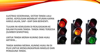ILUSTRASI SEDERHANA, SISTEM TANDA LALU
LINTAS. KEPOLISIAN MEMBUAT ATURAN KAPAN
HARUS JALAN, SIAP –SIAP DAN BERHENTI.
TUJUAN INI KEMUDIAN DI REALISASIKAN KE
DALAM PILIHAN TANDA- TANDA YANG TERSEDIA
(SUMBER SEMIOTIKA).
UNTUK TANDA MERAH KUNING DAN HIJAU
ARTINYA...
TANDA WARNA MERAH, KUNING HIJAU INI DI
PILIH UNTUK MENGUNGKAPKAN MAKSUD DARI
PENGGUNA TANDA.
 