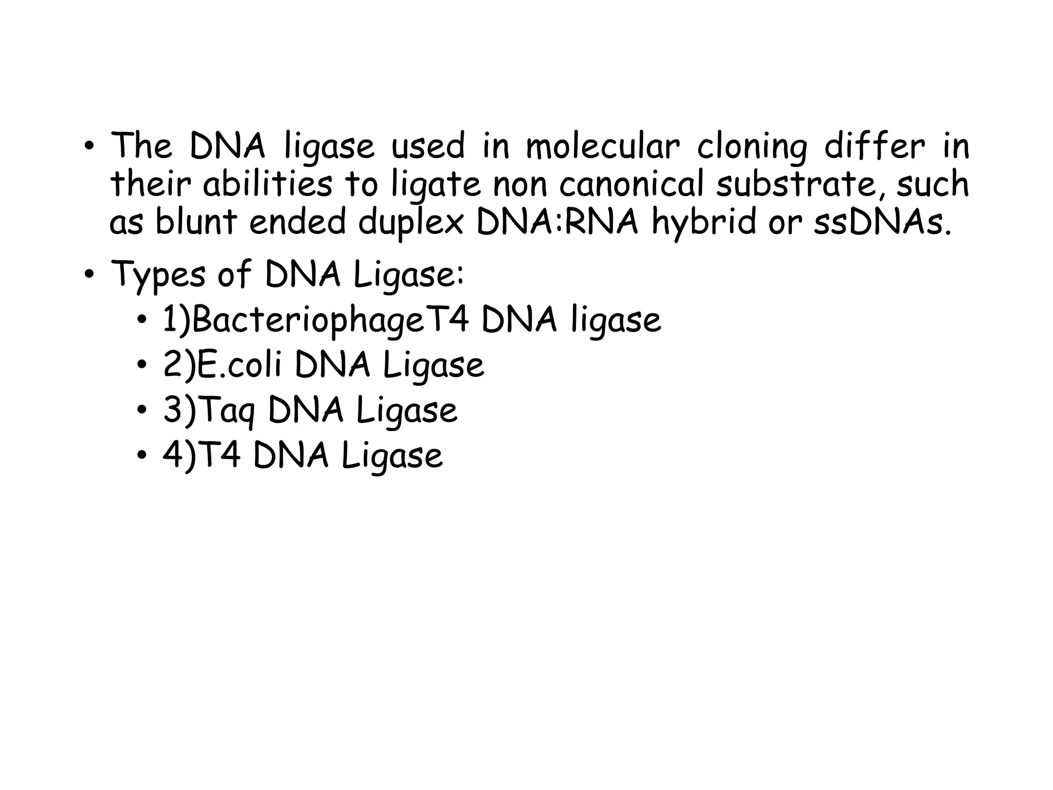 • The DNA ligase used in molecular cloning differ in
their abilities to ligate non canonical substrate, such
as blunt ended duplex DNA:RNA hybrid or ssDNAs.
• Types of DNA Ligase:
• 1)BacteriophageT4 DNA ligase
• 2)E.coli DNA Ligase
• 3)Taq DNA Ligase
• 4)T4 DNA Ligase
 