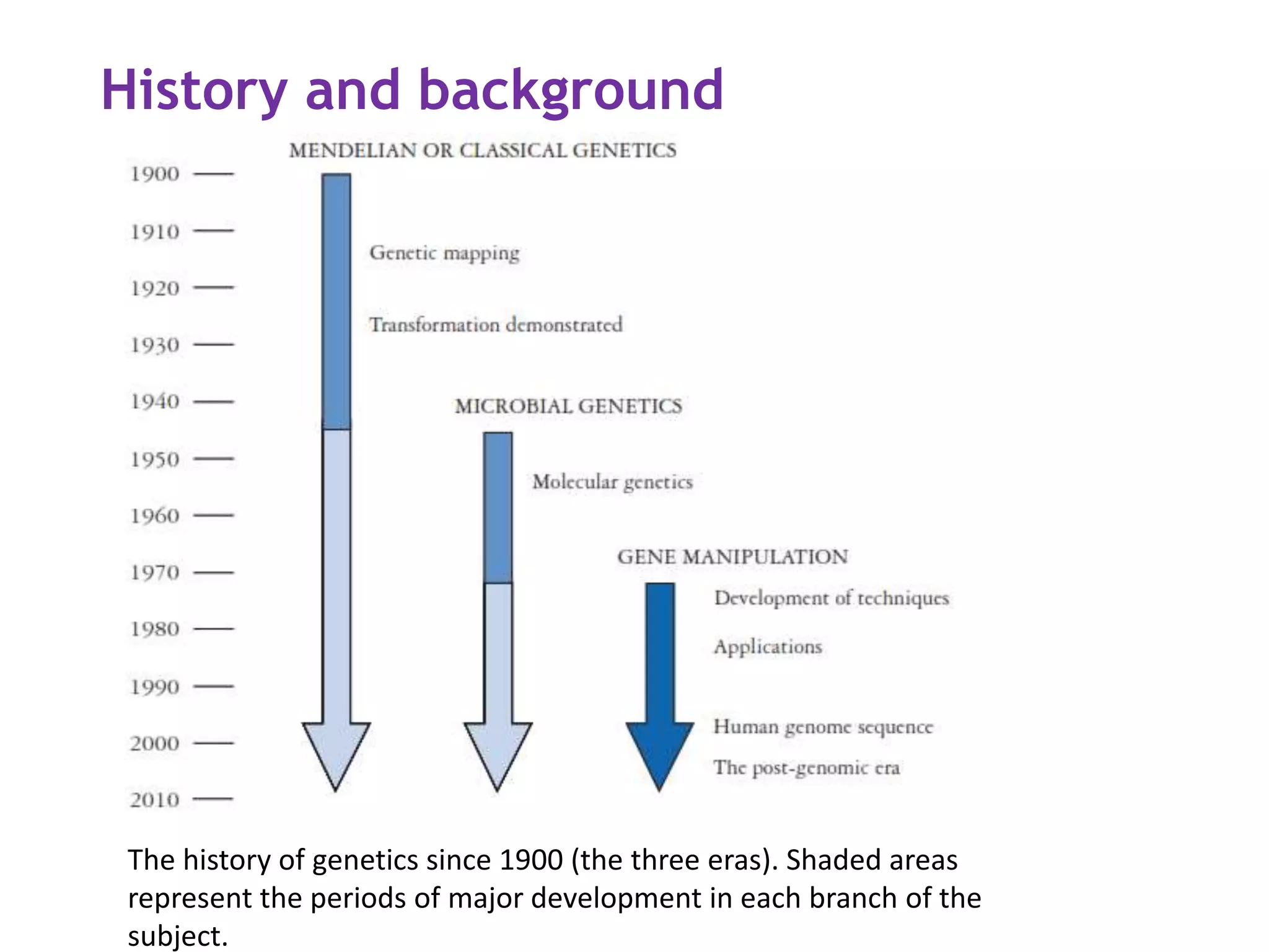 History and background
The history of genetics since 1900 (the three eras). Shaded areas
represent the periods of major development in each branch of the
subject.
 