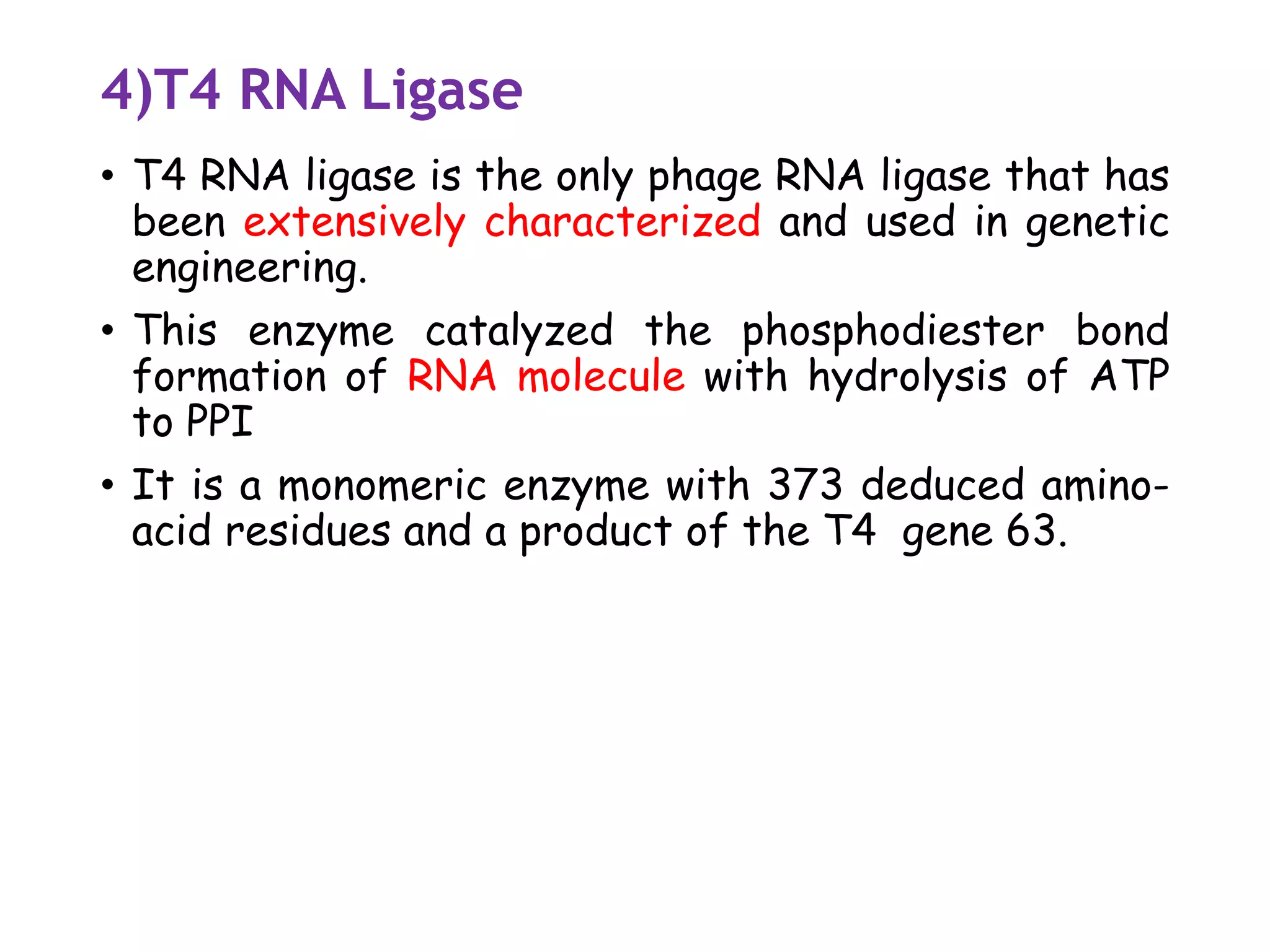4)T4 RNA Ligase
• T4 RNA ligase is the only phage RNA ligase that has
been extensively characterized and used in genetic
engineering.
• This enzyme catalyzed the phosphodiester bond
formation of RNA molecule with hydrolysis of ATP
to PPI
• It is a monomeric enzyme with 373 deduced amino-
acid residues and a product of the T4 gene 63.
 