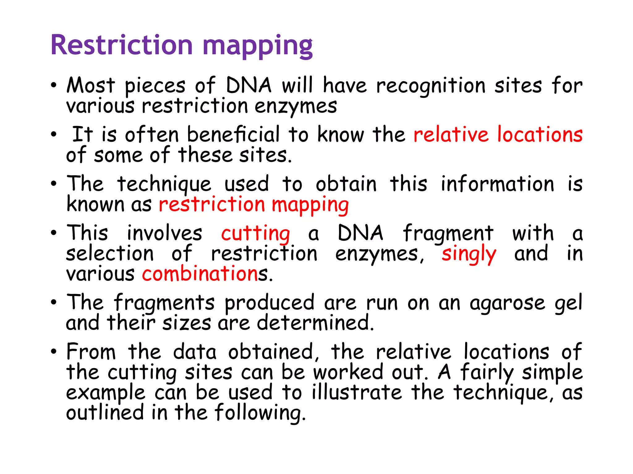 Restriction mapping
• Most pieces of DNA will have recognition sites for
various restriction enzymes
• It is often beneﬁcial to know the relative locations
of some of these sites.
• The technique used to obtain this information is
known as restriction mapping
• This involves cutting a DNA fragment with a
selection of restriction enzymes, singly and in
various combinations.
• The fragments produced are run on an agarose gel
and their sizes are determined.
• From the data obtained, the relative locations of
the cutting sites can be worked out. A fairly simple
example can be used to illustrate the technique, as
outlined in the following.
 