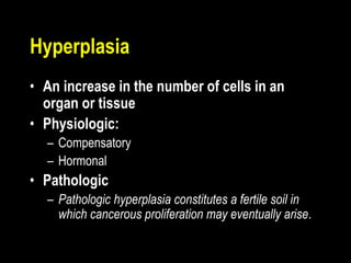 Hyperplasia
• An increase in the number of cells in an
organ or tissue
• Physiologic:
– Compensatory
– Hormonal
• Pathologic
– Pathologic hyperplasia constitutes a fertile soil in
which cancerous proliferation may eventually arise.
 