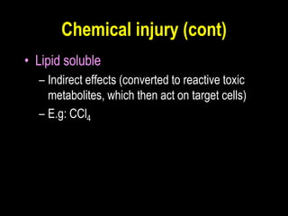 Chemical injury (cont)
• Lipid soluble
– Indirect effects (converted to reactive toxic
metabolites, which then act on target cells)
– E.g: CCl4
 