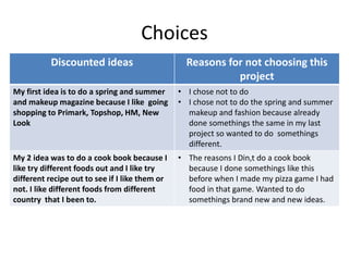 Choices
Discounted ideas Reasons for not choosing this
project
My first idea is to do a spring and summer
and makeup magazine because I like going
shopping to Primark, Topshop, HM, New
Look
• I chose not to do
• I chose not to do the spring and summer
makeup and fashion because already
done somethings the same in my last
project so wanted to do somethings
different.
My 2 idea was to do a cook book because I
like try different foods out and I like try
different recipe out to see if I like them or
not. I like different foods from different
country that I been to.
• The reasons I Din,t do a cook book
because I done somethings like this
before when I made my pizza game I had
food in that game. Wanted to do
somethings brand new and new ideas.
 