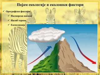 Појам екологије и еколошки фактори
 Орографски фактори
 Надморска висина
 Нагиб терена
 Експозиција
 