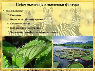 Појам екологије и еколошки фактори
 Вода и влажност
 Станиште
 Важна за метаболичке процесе
 Градивни елемент
 Евапорација и транспирација
 Хидрофите, хигрофите, мезофите, ксерофите
 