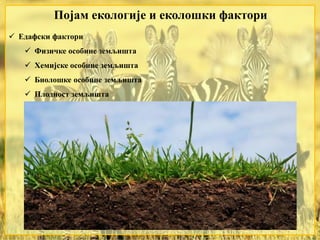 Појам екологије и еколошки фактори
 Едафски фактори
 Физичке особине земљишта
 Хемијске особине земљишта
 Биолошке особине земљишта
 Плодност земљишта
 