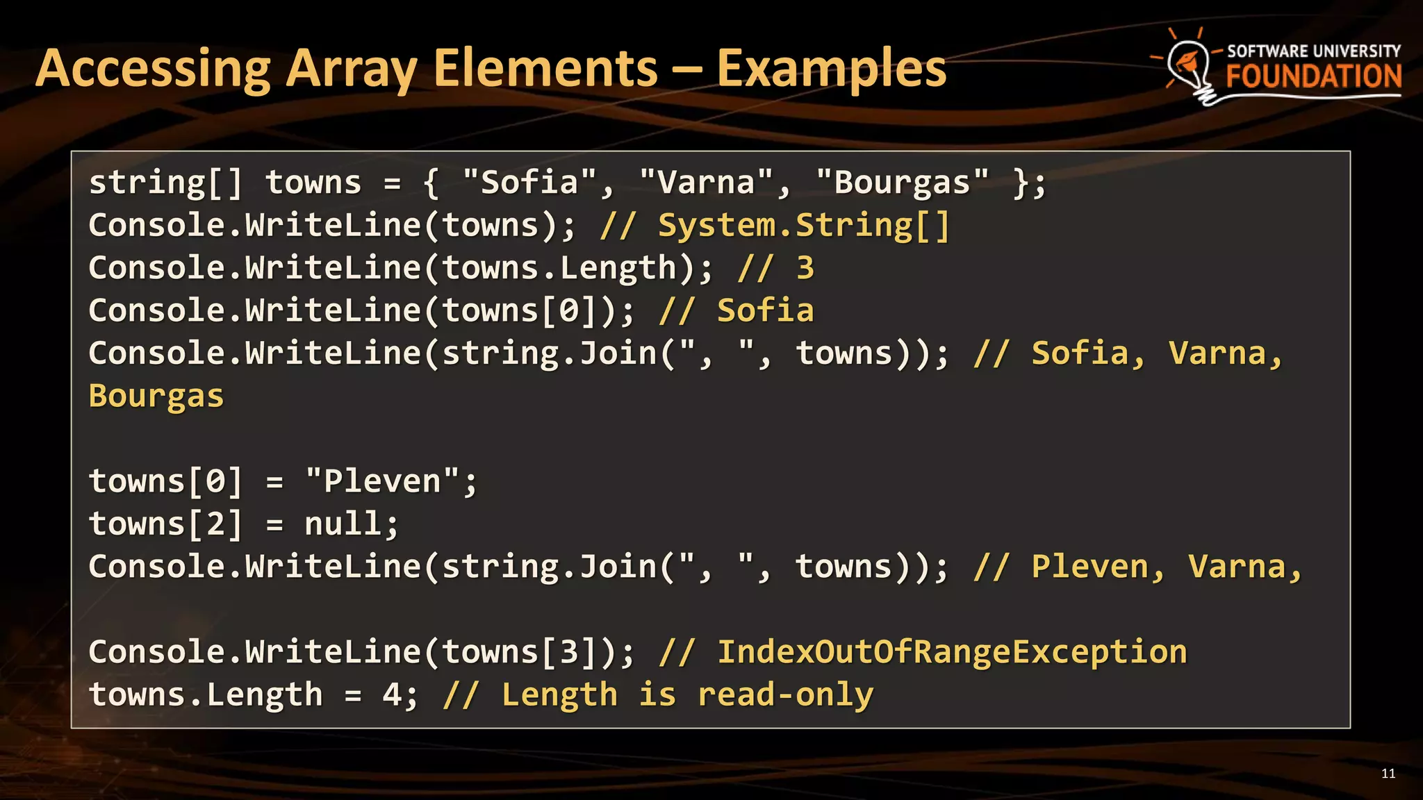 Accessing Array Elements – Examples
11
string[] towns = { "Sofia", "Varna", "Bourgas" };
Console.WriteLine(towns); // System.String[]
Console.WriteLine(towns.Length); // 3
Console.WriteLine(towns[0]); // Sofia
Console.WriteLine(string.Join(", ", towns)); // Sofia, Varna,
Bourgas
towns[0] = "Pleven";
towns[2] = null;
Console.WriteLine(string.Join(", ", towns)); // Pleven, Varna,
Console.WriteLine(towns[3]); // IndexOutOfRangeException
towns.Length = 4; // Length is read-only
 