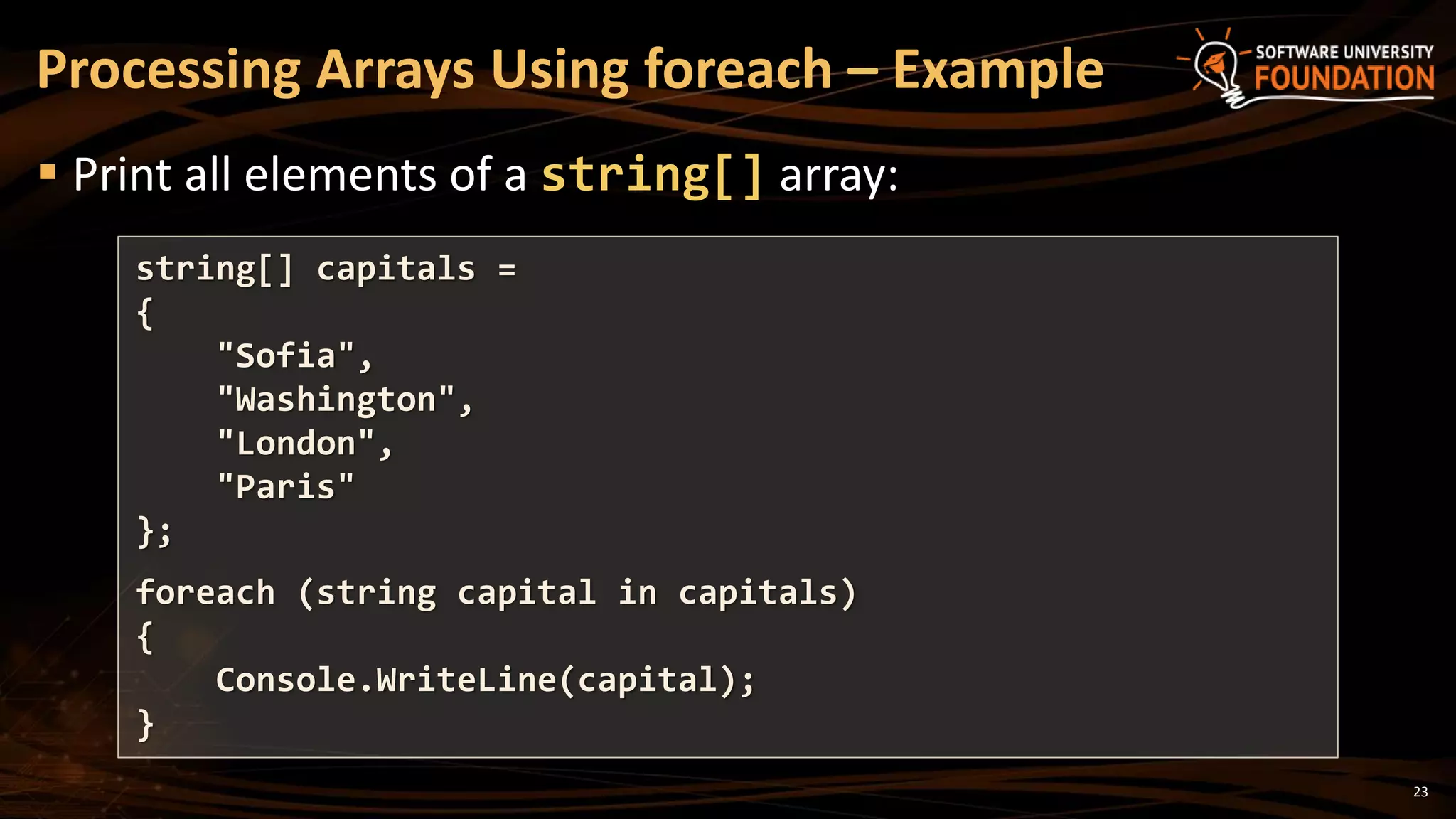 23
 Print all elements of a string[] array:
Processing Arrays Using foreach – Example
string[] capitals =
{
"Sofia",
"Washington",
"London",
"Paris"
};
foreach (string capital in capitals)
{
Console.WriteLine(capital);
}
 