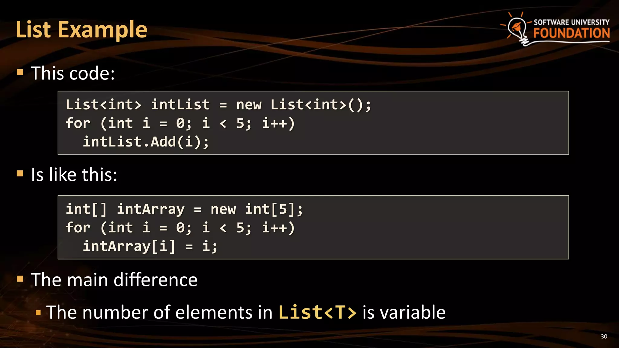 30
 This code:
 Is like this:
 The main difference
 The number of elements in List<T> is variable
List Example
List<int> intList = new List<int>();
for (int i = 0; i < 5; i++)
intList.Add(i);
int[] intArray = new int[5];
for (int i = 0; i < 5; i++)
intArray[i] = i;
 