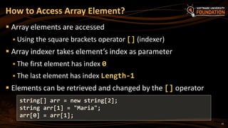How to Access Array Element?
 Array elements are accessed
 Using the square brackets operator [] (indexer)
 Array indexer takes element’s index as parameter
 The first element has index 0
 The last element has index Length-1
 Elements can be retrieved and changed by the [] operator
10
string[] arr = new string[2];
string arr[1] = "Maria";
arr[0] = arr[1];
 