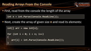14
 First, read from the console the length of the array
 Next, create the array of given size n and read its elements:
Reading Arrays From the Console
int n = int.Parse(Console.ReadLine());
int[] arr = new int[n];
for (int i = 0; i < n; i++)
{
arr[i] = int.Parse(Console.ReadLine());
}
 