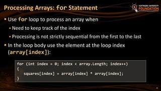 20
 Use for loop to process an array when
 Need to keep track of the index
 Processing is not strictly sequential from the first to the last
 In the loop body use the element at the loop index
(array[index]):
Processing Arrays: for Statement
for (int index = 0; index < array.Length; index++)
{
squares[index] = array[index] * array[index];
}
 