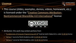 License
 This course (slides, examples, demos, videos, homework, etc.)
is licensed under the "Creative Commons Attribution-
NonCommercial-ShareAlike 4.0 International" license
 Attribution: this work may contain portions from
 "Fundamentals of Computer Programming with C#" book by Svetlin Nakov & Co. under CC-BY-SA license
 "C# Part I" course by Telerik Academy under CC-BY-NC-SA license
 "C# Part II" course by Telerik Academy under CC-BY-NC-SA license
49
 