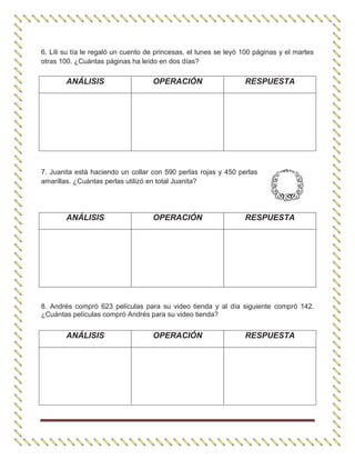 6. Lili su tía le regaló un cuento de princesas, el lunes se leyó 100 páginas y el martes
otras 100. ¿Cuántas páginas ha leído en dos días?
7. Juanita está haciendo un collar con 590 perlas rojas y 450 perlas
amarillas. ¿Cuántas perlas utilizó en total Juanita?
8. Andrés compró 623 películas para su video tienda y al día siguiente compró 142.
¿Cuántas películas compró Andrés para su video tienda?
ANÁLISIS OPERACIÓN RESPUESTA
ANÁLISIS OPERACIÓN RESPUESTA
ANÁLISIS OPERACIÓN RESPUESTA
 