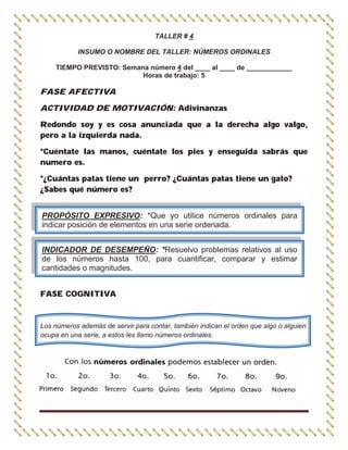 TALLER # 4
INSUMO O NOMBRE DEL TALLER: NÚMEROS ORDINALES
TIEMPO PREVISTO: Semana número 4 del ____ al ____ de ____________
Horas de trabajo: 5
FASE AFECTIVA
ACTIVIDAD DE MOTIVACIÓN: Adivinanzas
Redondo soy y es cosa anunciada que a la derecha algo valgo,
pero a la izquierda nada.
*Cuéntate las manos, cuéntate los pies y enseguida sabrás que
numero es.
*¿Cuántas patas tiene un perro? ¿Cuántas patas tiene un gato?
¿Sabes qué número es?
FASE COGNITIVA
Los números además de servir para contar, también indican el orden que algo o alguien
ocupa en una serie, a estos les llamo números ordinales.
PROPÓSITO EXPRESIVO: *Que yo utilice números ordinales para
indicar posición de elementos en una serie ordenada.
INDICADOR DE DESEMPEÑO: *Resuelvo problemas relativos al uso
de los números hasta 100, para cuantificar, comparar y estimar
cantidades o magnitudes.
 