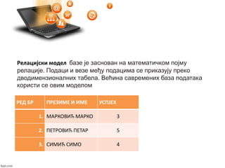 Релацијски модел базе је заснован на математичком појму
релације. Подаци и везе међу подацима се приказују преко
дводименз...