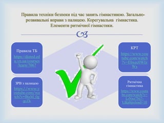 
Правила техніки безпеки під час занять гімнастикою. Загально-
розвивальні вправи з палицею. Корегувальна гімнастика.
Елементи ритмічної гімнастики.
Правила ТБ
https://disted.ed
u.vn.ua/courses
/learn/7067
КРТ
https://www.you
tube.com/watch
?v=Ebxec0WIz
Ws
ЗРВ з палицею
https://www.y
outube.com/wa
tch?v=BtzM_0g
qcZk
Ритмічна
гімнастика
https://www.youtu
be.com/watch?v=
LrNxe7Nj7-
U&pbjreload=10
 