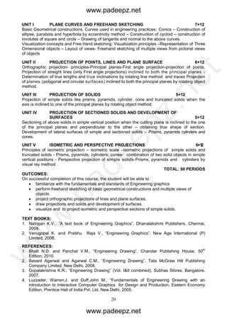 20
UNIT I PLANE CURVES AND FREEHAND SKETCHING 7+12
Basic Geometrical constructions, Curves used in engineering practices: Conics – Construction of
ellipse, parabola and hyperbola by eccentricity method – Construction of cycloid – construction of
involutes of square and circle – Drawing of tangents and normal to the above curves.
Visualization concepts and Free Hand sketching: Visualization principles –Representation of Three
Dimensional objects – Layout of views- Freehand sketching of multiple views from pictorial views
of objects
UNIT II PROJECTION OF POINTS, LINES AND PLANE SURFACE 6+12
Orthographic projection- principles-Principal planes-First angle projection-projection of points.
Projection of straight lines (only First angle projections) inclined to both the principal planes -
Determination of true lengths and true inclinations by rotating line method and traces Projection
of planes (polygonal and circular surfaces) inclined to both the principal planes by rotating object
method.
UNIT III PROJECTION OF SOLIDS 5+12
Projection of simple solids like prisms, pyramids, cylinder, cone and truncated solids when the
axis is inclined to one of the principal planes by rotating object method.
UNIT IV PROJECTION OF SECTIONED SOLIDS AND DEVELOPMENT OF
SURFACES 5+12
Sectioning of above solids in simple vertical position when the cutting plane is inclined to the one
of the principal planes and perpendicular to the other – obtaining true shape of section.
Development of lateral surfaces of simple and sectioned solids – Prisms, pyramids cylinders and
cones.
UNIT V ISOMETRIC AND PERSPECTIVE PROJECTIONS 6+12
Principles of isometric projection – isometric scale –Isometric projections of simple solids and
truncated solids - Prisms, pyramids, cylinders, cones- combination of two solid objects in simple
vertical positions - Perspective projection of simple solids-Prisms, pyramids and cylinders by
visual ray method .
TOTAL: 90 PERIODS
OUTCOMES:
On successful completion of this course, the student will be able to
 familiarize with the fundamentals and standards of Engineering graphics
 perform freehand sketching of basic geometrical constructions and multiple views of
objects.
 project orthographic projections of lines and plane surfaces.
 draw projections and solids and development of surfaces.
 visualize and to project isometric and perspective sections of simple solids.
TEXT BOOKS:
1. Natrajan K.V., “A text book of Engineering Graphics”, Dhanalakshmi Publishers, Chennai,
2009.
2. Venugopal K. and Prabhu Raja V., “Engineering Graphics”, New Age International (P)
Limited, 2008.
REFERENCES:
1. Bhatt N.D. and Panchal V.M., “Engineering Drawing”, Charotar Publishing House, 50th
Edition, 2010.
2. Basant Agarwal and Agarwal C.M., “Engineering Drawing”, Tata McGraw Hill Publishing
Company Limited, New Delhi, 2008.
3. Gopalakrishna K.R., “Engineering Drawing” (Vol. I&II combined), Subhas Stores, Bangalore,
2007.
4. Luzzader, Warren.J. and Duff,John M., “Fundamentals of Engineering Drawing with an
introduction to Interactive Computer Graphics for Design and Production, Eastern Economy
Edition, Prentice Hall of India Pvt. Ltd, New Delhi, 2005.
www.padeepz.net
www.padeepz.net
w
w
w
.padeepz.net
 